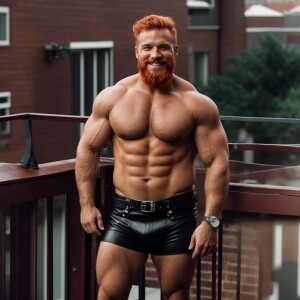 A beefy bodybuilder man hairy chest beard ginger hair, smiling,...