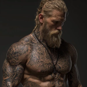 Create an image of a muscular male bodybuilder with blonde hair...