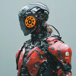 Cyberpunk robot with biohazard symbol and unique color scheme
