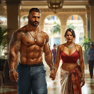 realistic art.A sweaty beefy man walking with his 54 year old in...