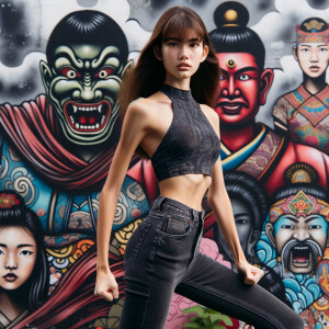 Athletic Thin skinny Attractive, Asian teenage girl, long brown hair and bangs, wearing tight skinny jeans and a halter top paint marks on her clothing, heroic pose Asian graffiti background