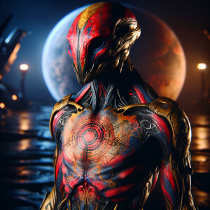 An extraterrestrial creature with vibrant red, gold, and black a...