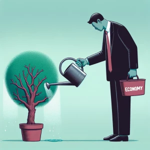 A minimalist drawing of a businessman holding a tiny watering can over a large, wilting tree labeled ‘Economy.