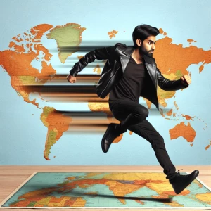 Aditya Gadhvi leaping across a map of the world, transitioning f...