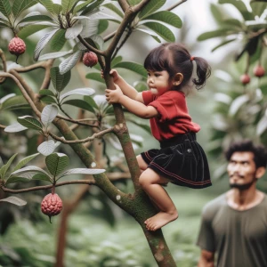 seorang anak Indonesia perempuan kecil berbaju merah, memakai ro...