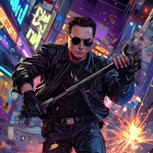 Elon Musk in GTA art style - wearing a torn tactical suit, holdi...