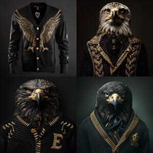 Create an eagle with a cardigan sweater with a gold E on the che...