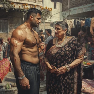 Hyperrealism fantasy photo , a muscular, sweaty criminal man  gr...