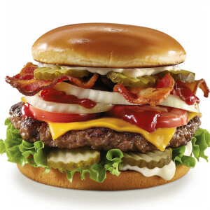Generate an image of a double cheeseburger featuring crispy baco...