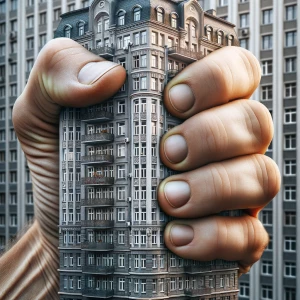 A hand tightly holding a tiny tall apartment block