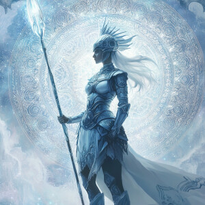 Create a mid-level portrait of Athena, her spear held high, with...