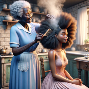 Create a realistic 3-D image of an african-American grandmother wearing a blue house dress. She is in the kitchen with her african-American granddaughter. Her granddaughter is wearing a pink dress The grandmother has a hot comb in her hand and she is straightening her granddaughters hair. One side of her granddaughters hair is in  a Afro the other straight 
There is smoke coming from the hot comb