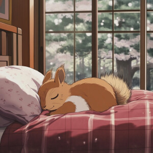 Cartoon, a squirrel sleeping on his pillow at home --sref 257788...