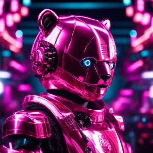 Robotic panda bear with guns in shiny metallic suit with pink li...