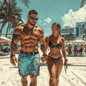 A muscular sweaty tattoed criminal walking with his american swe...