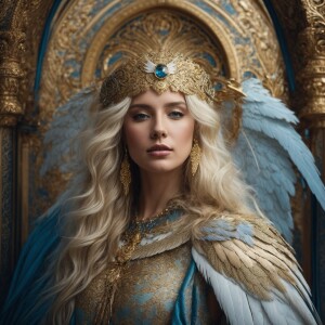 A majestic, regal angelic figure, a caucasian woman with deep, c...