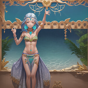a girl smiling, in the style of reefwave, metalwork jewelry, goa...