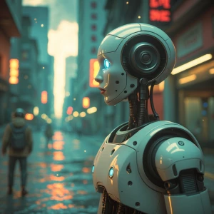 Street scene, cold colors, robot close-up, dim, doomsday feeling...