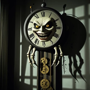 Visualize an eerie, anthropomorphic clock standing in a shadowy...