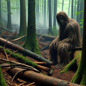 "Depict a humanoid, hair-covered creature resembling Bigfoot as it lurks in the dense forests of Germany."