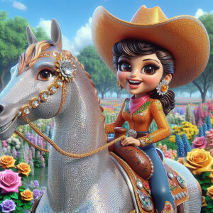 Create a realistic 3D image of an Latino cowgirl reminiscent of...