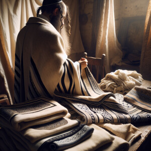 A picture of a Jew putting on a talit and other Hebrew garments