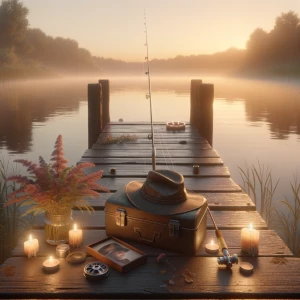 A peaceful lakeside memorial scene at golden hour. A lone fishin...