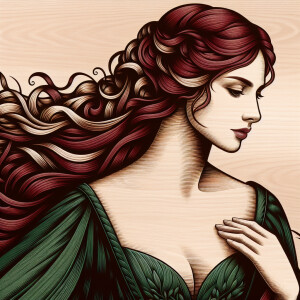 A woman with deep red, long and curly hair and fair skin in a de...