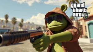 meme PEPE involved in a shootout. Use GTA style