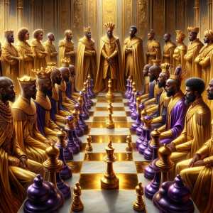 3-D realistic oil, painting, Oh a gold, and purple human chessbo...