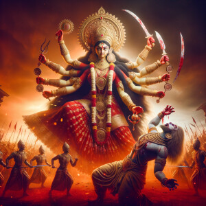Portrait of angry and gorgeous goddess durga slaying mahishasur...
