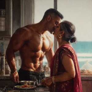 Hyperrealism painting.a muscular sweaty indian man standing an...