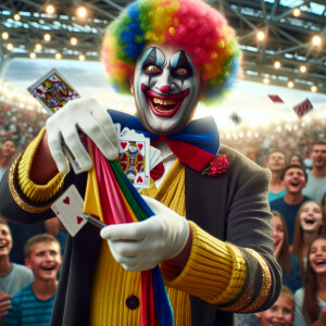 A scary clown shows magic tricks. I periodically appear in the p...