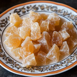 a plate filled with pieces of candied or crystallized ginger. The ginger pieces are irregularly shaped and have a translucent, glossy appearance, indicating they have been coated in sugar syrup. The plate itself is white with decorative orange and black floral patterns along the edges. The background appears to be a dark surface, possibly a table or countertop.

Ask
Explain