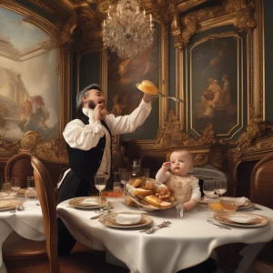 A waiter at a restaurant, throwing up on the baby