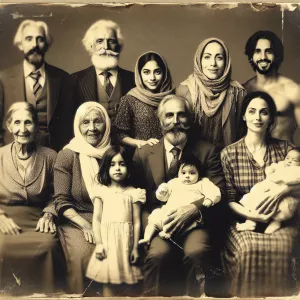 black and white old damaged photo of a family