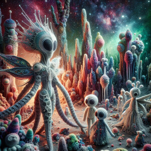 fantastical ethereal crochet aliens in the style of john bauer,...