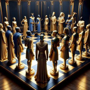 3-D realistic oil, painting,of a gold and black human chessboard...