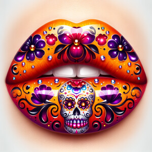 Create a vibrant glossy lip art design inspired by Día de los Mu...
