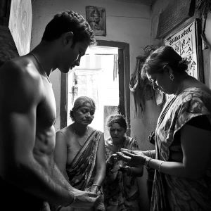 A well-built, wealthy Indian man, his skin shimmering with sweat...