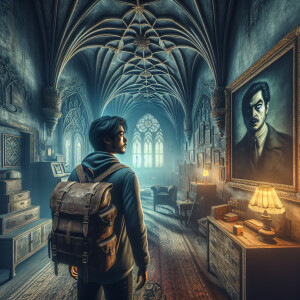 A man with a backpack stands in an old gloomy room in which a cr...