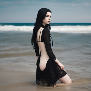 Middle school goth girl at a nude beach showing her pale body an...