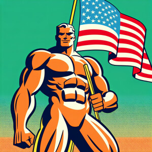 Muscular Jesus waving American flag with color