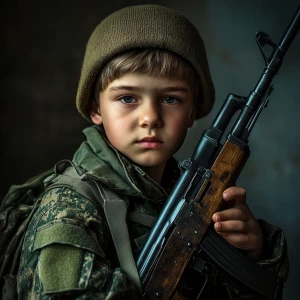 Russian kid soldier in contemporary military attire, holding an...