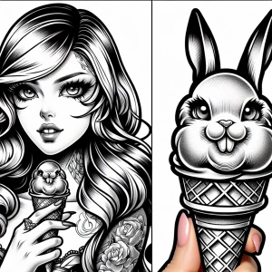 Anime-style woman grasping a cone with rabbit-shaped ice cream o...