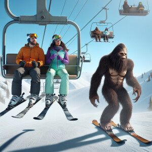 A humanoid Sasquatch covered in hair trailing below two skiers s...