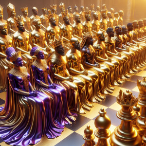 3-D realistic oil, painting, Oh a gold, and purple human chessbo...
