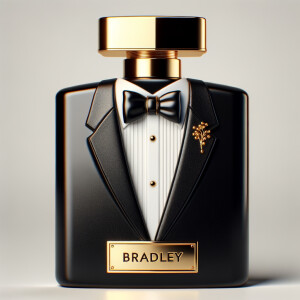 Create a realistic, 3-D cologne bottle That looks like a black Gucci tuxedo with a gold top and the name Bradley written in gold letters