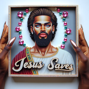A 3D realistic artwork featuring the phrase 'Jesus Saves' adorne...