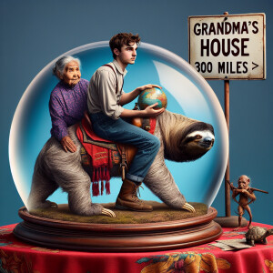 A crystal ball on a desk with red table cloth with this inside A...